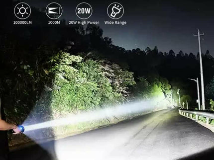 Carton Box LED Self-Defense Flashlight – Rechargeable Type-C Torch with Digital Display for Home Outdoor Use.