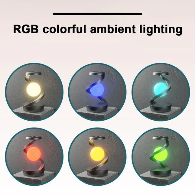 White 360° Rotating Floating Night Light - Wireless Charging Table Lamp | 7-Color RGB Atmosphere Light | USB Rechargeable for Bedroom, Bedside, Desk, Camping, and Party Décor