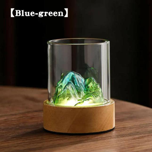 Blue-green Glass Mountain Ambient Night Light USB Rechargeable Touch Bedside Lamp Adjustable 3-Color Light.