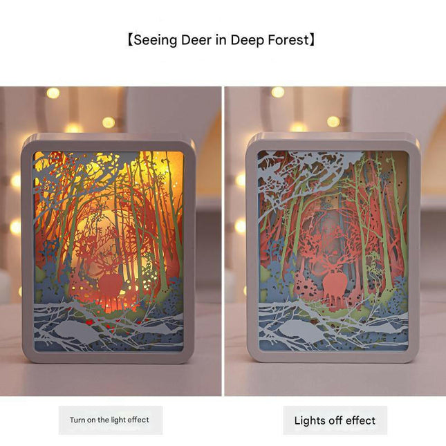 Deer in the Deep Forest 3D Paper Carving Night Light Decorative Bedside Lamp Creative Starry Night Gift.