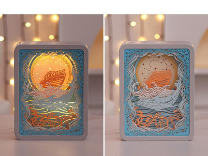 Whale Watching In The Blue Sea 3D Paper Carving Night Light - USB Or Battery Powered Decorative Bedside Lamp | Atmosphere Lamp for Bedroom | Creative Starry Night and Little Prince Design Gift