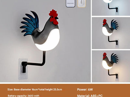 Grey USB Rechargeable Rooster Wall Lamp with Sound Aromatherapy and Decorative Design.