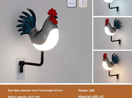 Silver USB Rechargeable Rooster Wall Lamp with Sound Aromatherapy and Decorative Nightlight for Bedroom and Corridor.