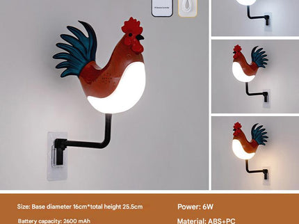 Red USB Rechargeable Rooster Wall Lamp with Sound Aromatherapy and Decorative Design Creative Nightlight for Bedroom and Corridor.