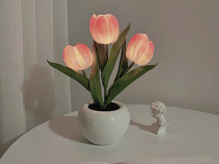 Pink Flowers USB Tulip Night Light Bedroom Decor Table Lamp with PU Flowers Ceramic Pot.