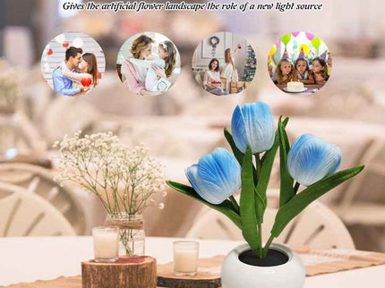 Pink Flowers USB Tulip Night Light Bedroom Decor Table Lamp with PU Flowers Ceramic Pot.