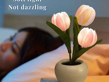 Pink Flowers USB Tulip Night Light Bedroom Decor Table Lamp with PU Flowers Ceramic Pot.