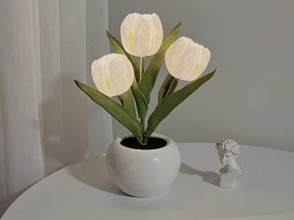 White Flowers USB Tulip Night Light Bedroom Decor Table Lamp with PU Flowers and Ceramic Pot.