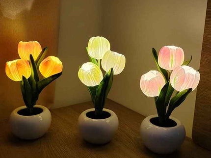 White Flowers USB Tulip Night Light Bedroom Decor Table Lamp with PU Flowers and Ceramic Pot.