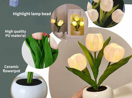 White Flowers USB Tulip Night Light Bedroom Decor Table Lamp with PU Flowers and Ceramic Pot.