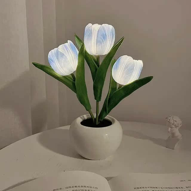 Blue Flowers USB Tulip Night Light Bedroom Decor Table Lamp with PU Flowers Ceramic Pot.
