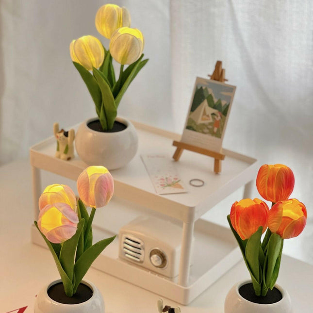 Blue Flowers USB Tulip Night Light Bedroom Decor Table Lamp with PU Flowers Ceramic Pot.