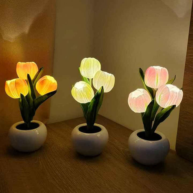 Blue Flowers USB Tulip Night Light Bedroom Decor Table Lamp with PU Flowers Ceramic Pot.