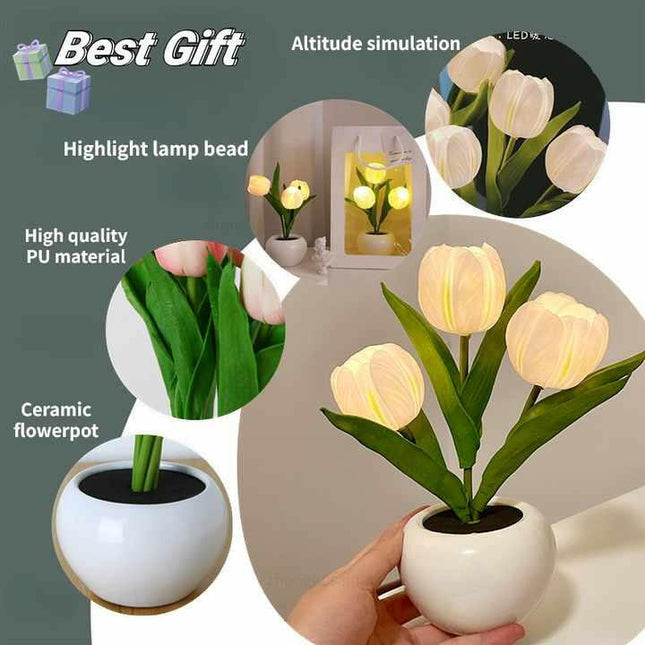 Blue Flowers USB Tulip Night Light Bedroom Decor Table Lamp with PU Flowers Ceramic Pot.