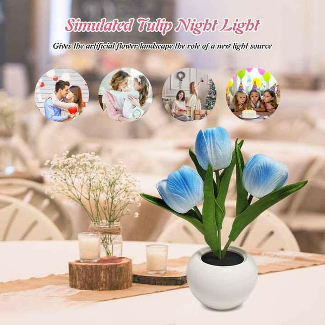 Blue Flowers USB Tulip Night Light Bedroom Decor Table Lamp with PU Flowers Ceramic Pot.