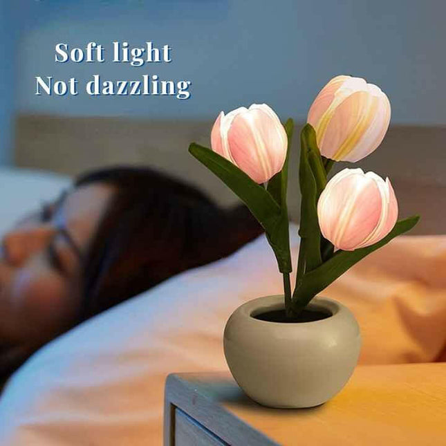 Blue Flowers USB Tulip Night Light Bedroom Decor Table Lamp with PU Flowers Ceramic Pot.