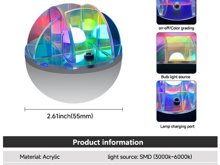 3W LED Acrylic Crystal Ball Night Light with Adjustable Colors - USB Powered