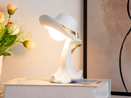 White Creative Cowboy Hat USB Table Lamp for Home and Office Decor.