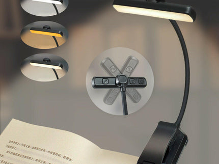 Black Rechargeable LED Book Light with Adjustable Brightness and Color Temperature Perfect for Reading.