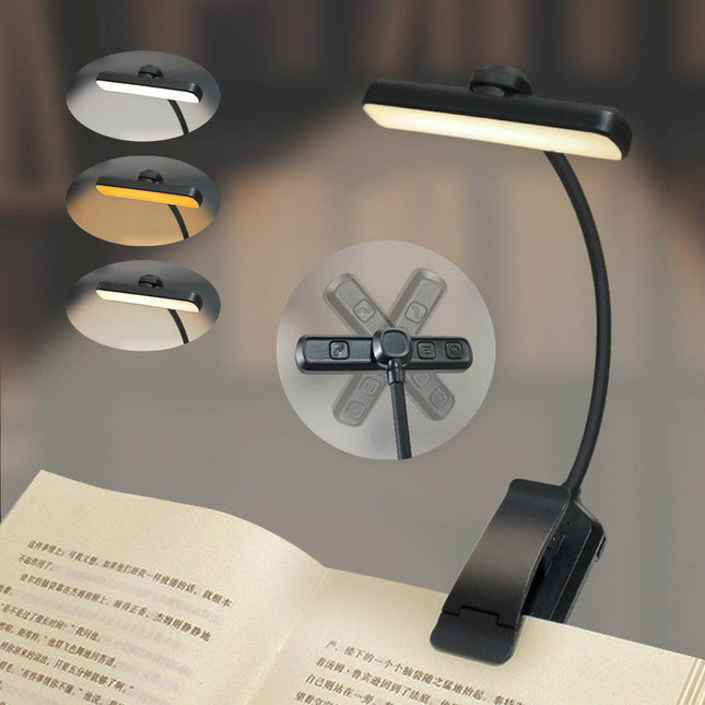 Black Rechargeable LED Book Light with Adjustable Brightness and Color Temperature Perfect for Reading.