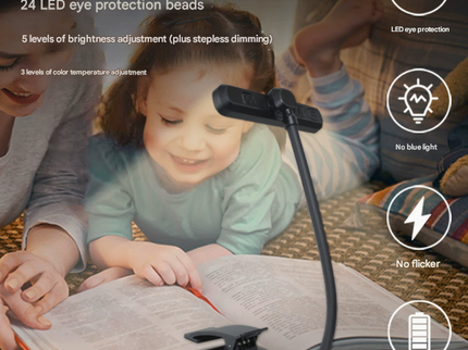 Black Rechargeable LED Book Light with Adjustable Brightness and Color Temperature Perfect for Reading.