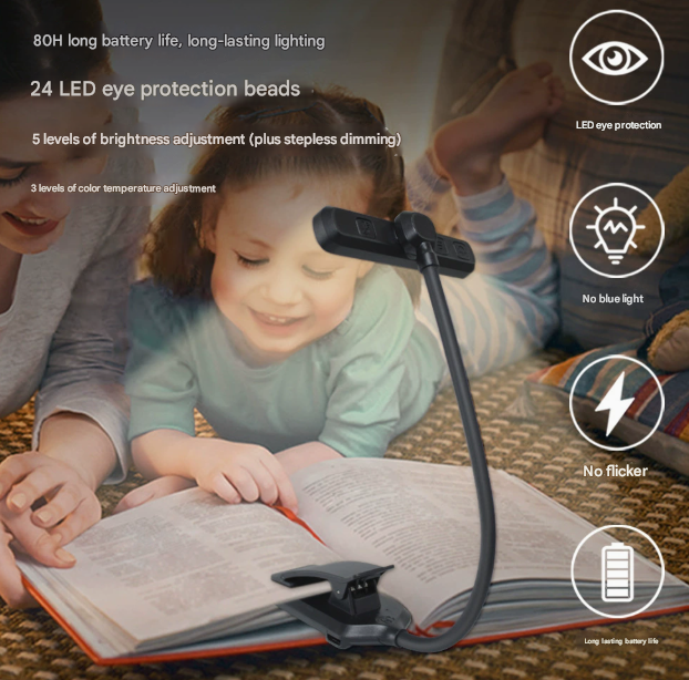 Black Rechargeable LED Book Light with Adjustable Brightness and Color Temperature Perfect for Reading.