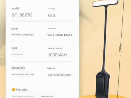 Black Rechargeable LED Book Light with Adjustable Brightness and Color Temperature Perfect for Reading.
