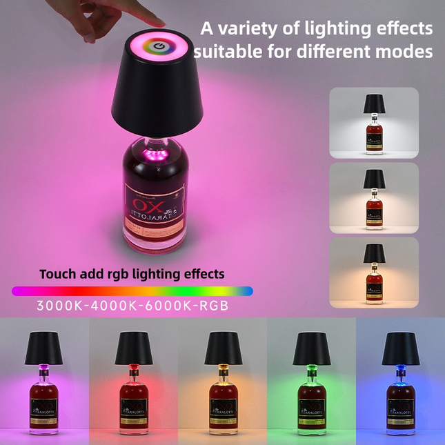 Black RGB Color-Changing LED Bottle Lamp Adjustable Smart Lighting for Home Decor.