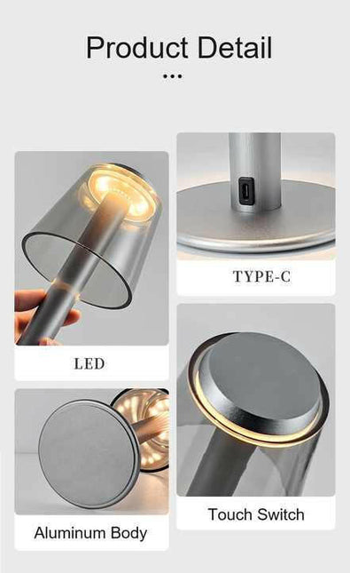 Gold Stylish Transparent Desk Lamp with Touch Control LED and Type-C Charging.