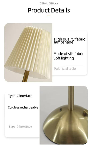 Khaki Elegant Pleated Fabric Table Lamp - 3-Color LED, USB Rechargeable, Touch Dimming