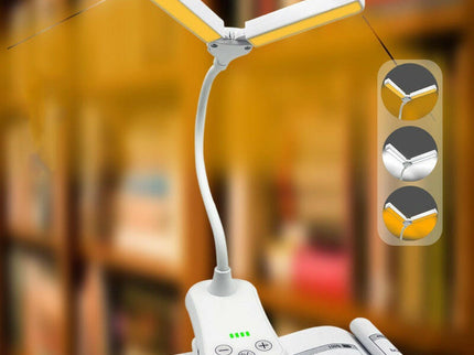 White Rechargeable Dual-Head Clip-On Book Light Touch Control Reading Lamp with Eye Protection.