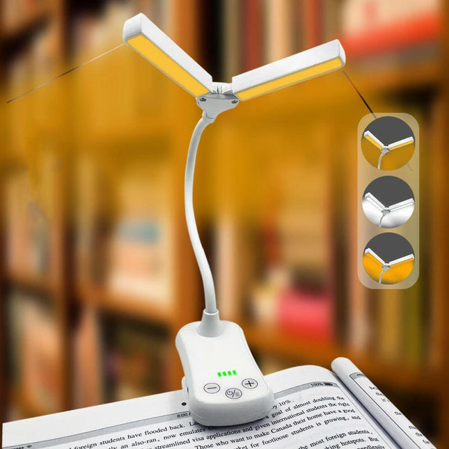 White Rechargeable Dual-Head Clip-On Book Light Touch Control Reading Lamp with Eye Protection.