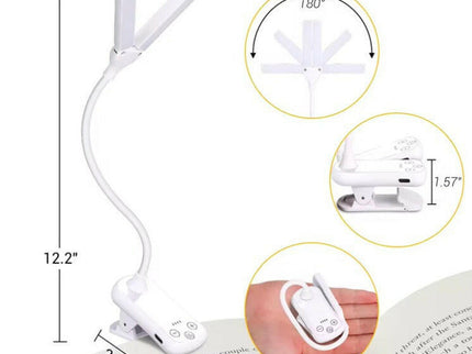 White Rechargeable Dual-Head Clip-On Book Light Touch Control Reading Lamp with Eye Protection.