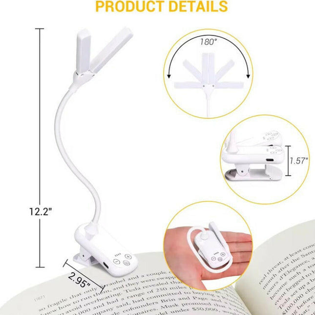 White Rechargeable Dual-Head Clip-On Book Light Touch Control Reading Lamp with Eye Protection.