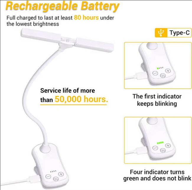 White Rechargeable Dual-Head Clip-On Book Light Touch Control Reading Lamp with Eye Protection.