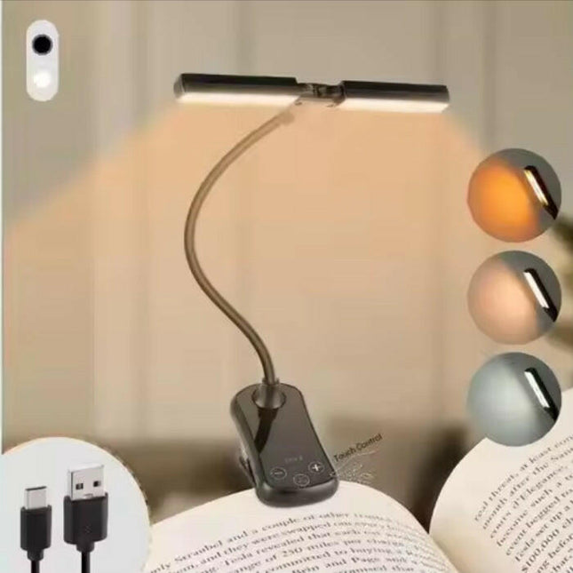 Black Rechargeable Dual-Head Clip-On Book Light Touch Control Reading Lamp with Eye Protection.