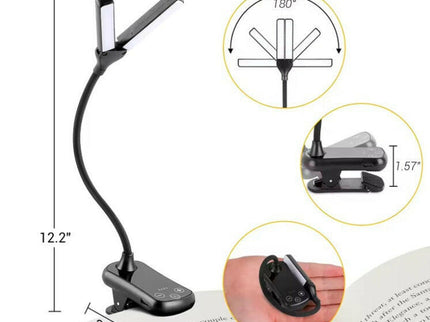 Black Rechargeable Dual-Head Clip-On Book Light Touch Control Reading Lamp with Eye Protection.
