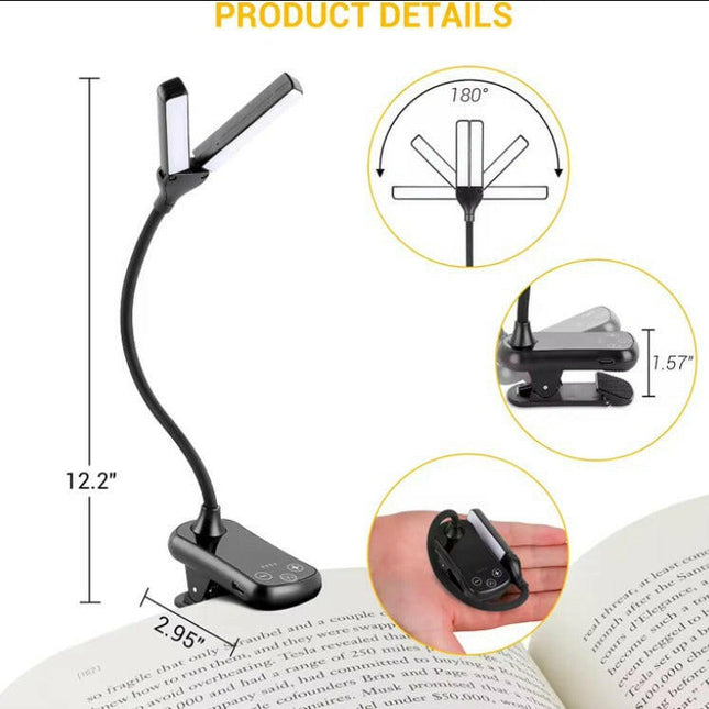 Black Rechargeable Dual-Head Clip-On Book Light Touch Control Reading Lamp with Eye Protection.