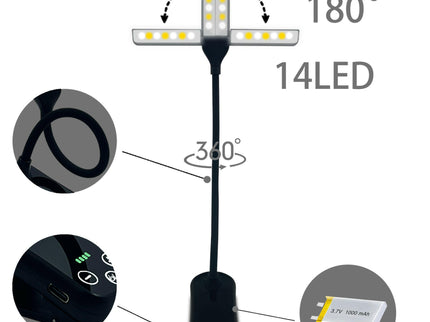 Black Rechargeable Dual-Head Clip-On Book Light Touch Control Reading Lamp with Eye Protection.