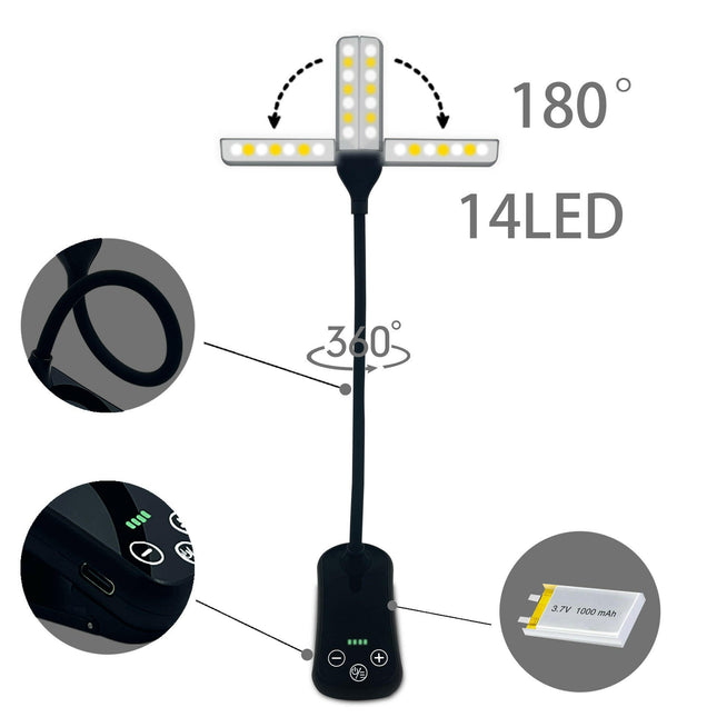 Black Rechargeable Dual-Head Clip-On Book Light Touch Control Reading Lamp with Eye Protection.