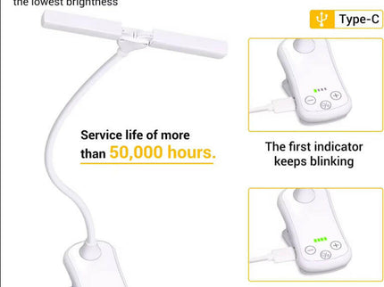 Black Rechargeable Dual-Head Clip-On Book Light Touch Control Reading Lamp with Eye Protection.
