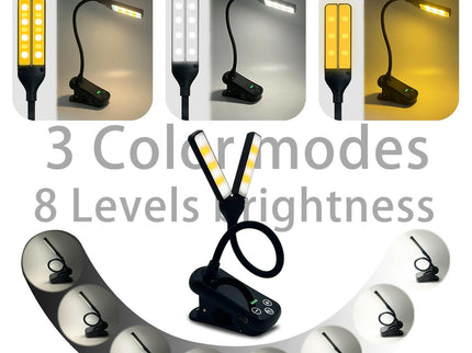 Black Rechargeable Dual-Head Clip-On Book Light Touch Control Reading Lamp with Eye Protection.