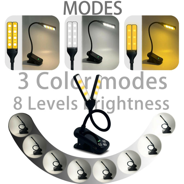 Black Rechargeable Dual-Head Clip-On Book Light Touch Control Reading Lamp with Eye Protection.