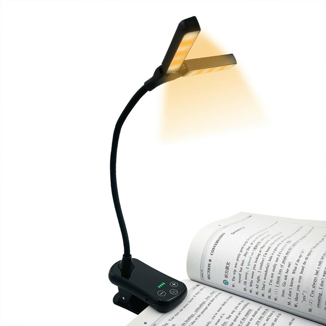Black Rechargeable Dual-Head Clip-On Book Light Touch Control Reading Lamp with Eye Protection.