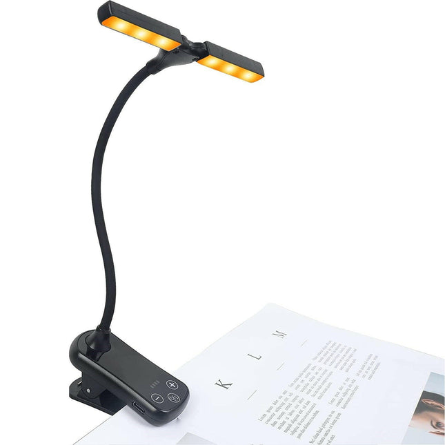 Black Rechargeable Dual-Head Clip-On Book Light Touch Control Reading Lamp with Eye Protection.