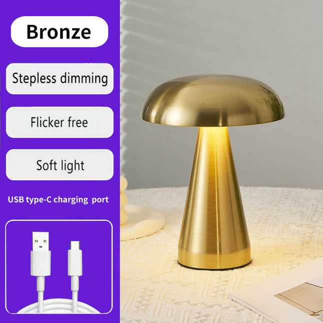 Bronze Metal Mushroom Table Lamp Rechargeable Touch Control Ambient Light with Remote.