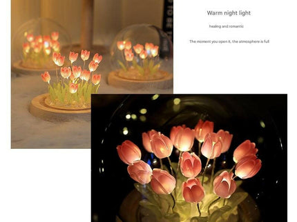 Ten Pink Tulips Glowing Tulip Dome Lamp with Wooden Base for Bedside Decor.