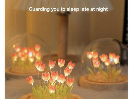 Ten Pink Tulips Glowing Tulip Dome Lamp with Wooden Base for Bedside Decor.