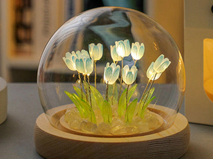 Ten Blue Tulips Glowing Tulip Dome Lamp Wooden Base Bedside Table Decoration.