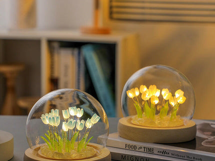 Ten Blue Tulips Glowing Tulip Dome Lamp Wooden Base Bedside Table Decoration.